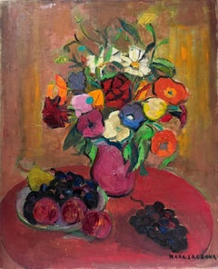 Bodegón Modernista Francés de Mediados de Siglo Pintura al Óleo Flores y Frutas