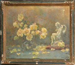 1920's French Impressionist Signed Oil Yellow Flowers & Statue in Interior