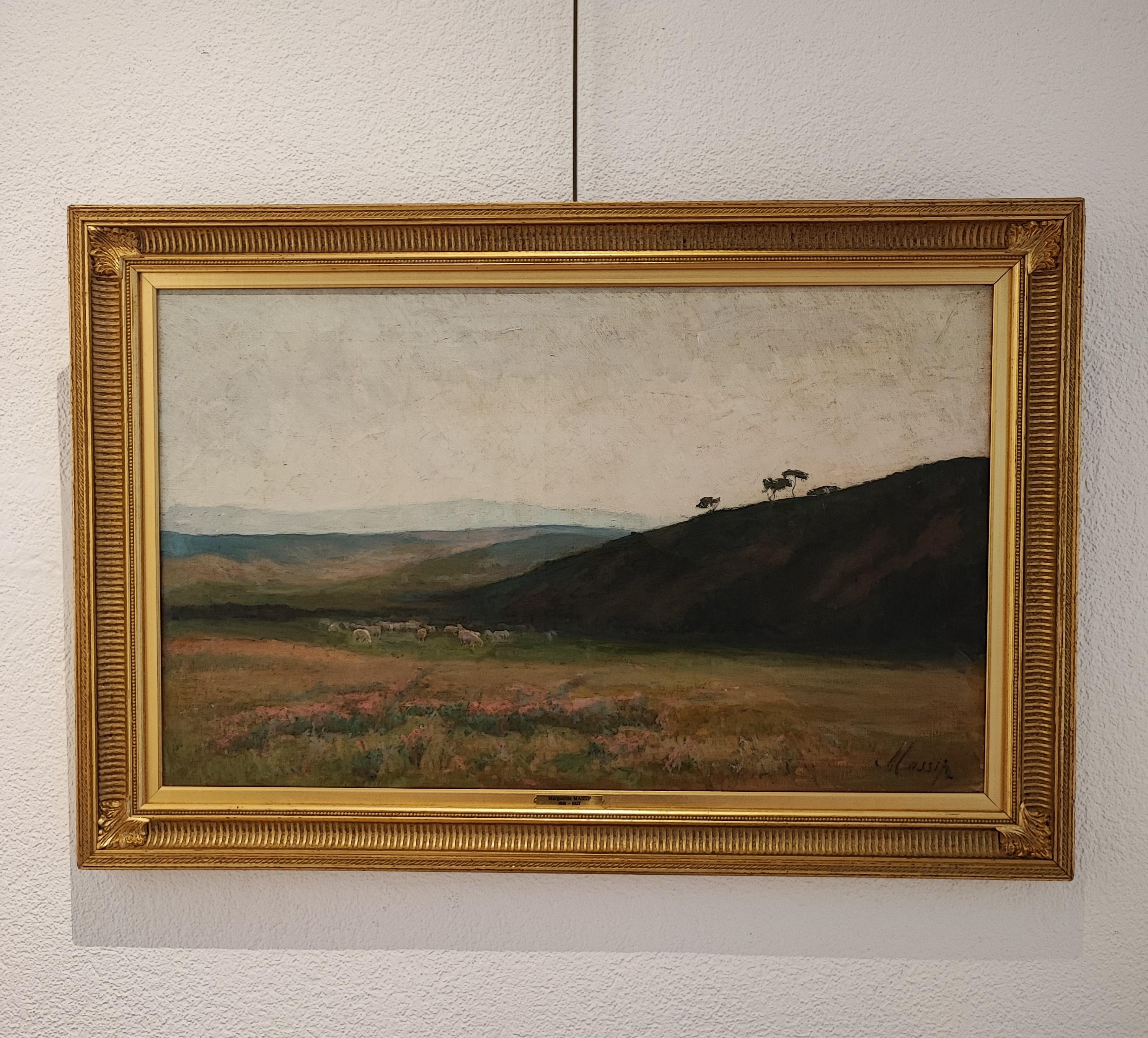 Landscape of hills with pasture - Painting by Marguerite Massip