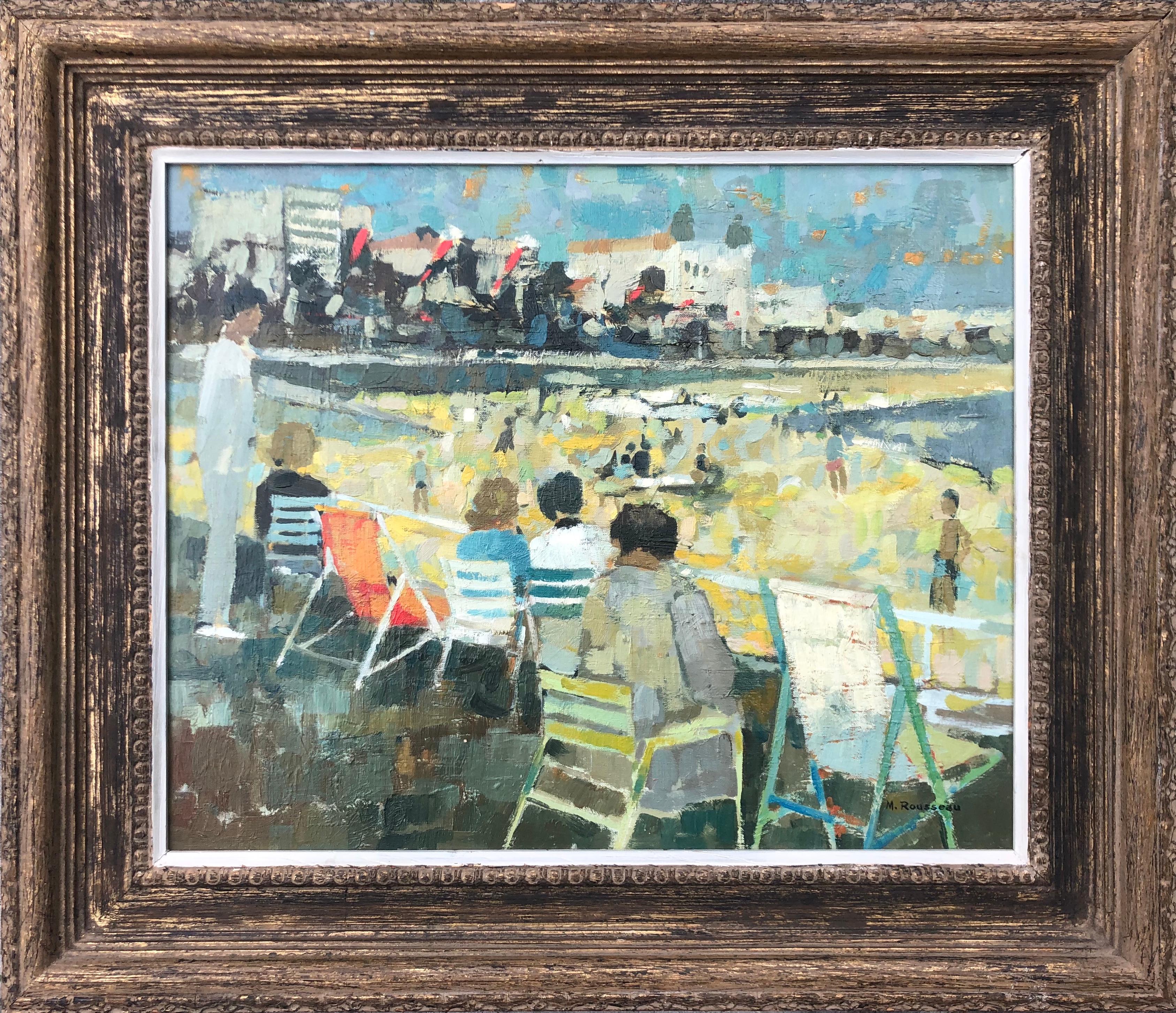 The Beach Modern Impressionist Oil Painting - Gray Figurative Painting by Marguerite Rousseau