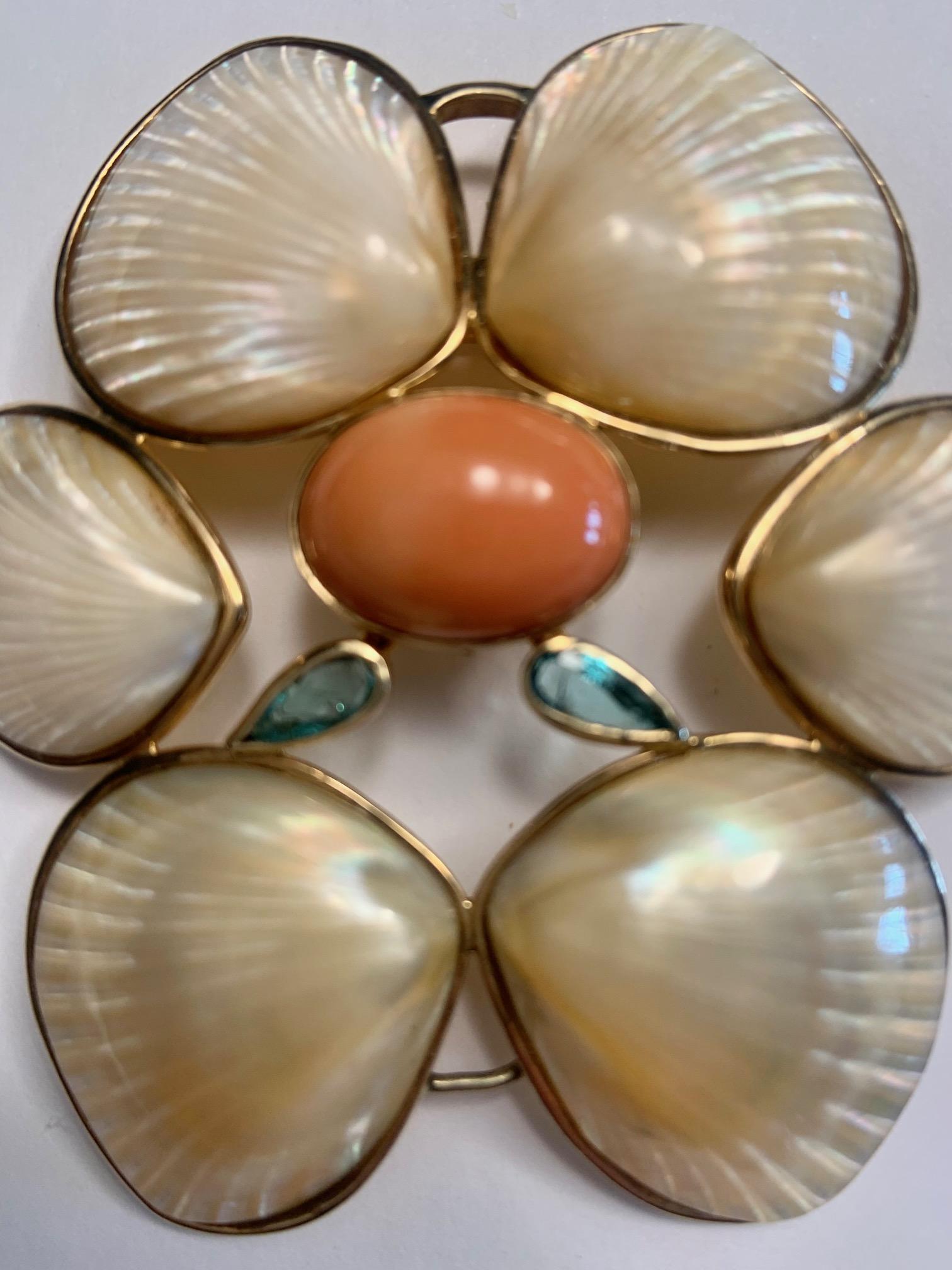 Pear Cut Marguerite Stix Sea Shell Brooch or Pendant Gold Coral and Emeralds  For Sale