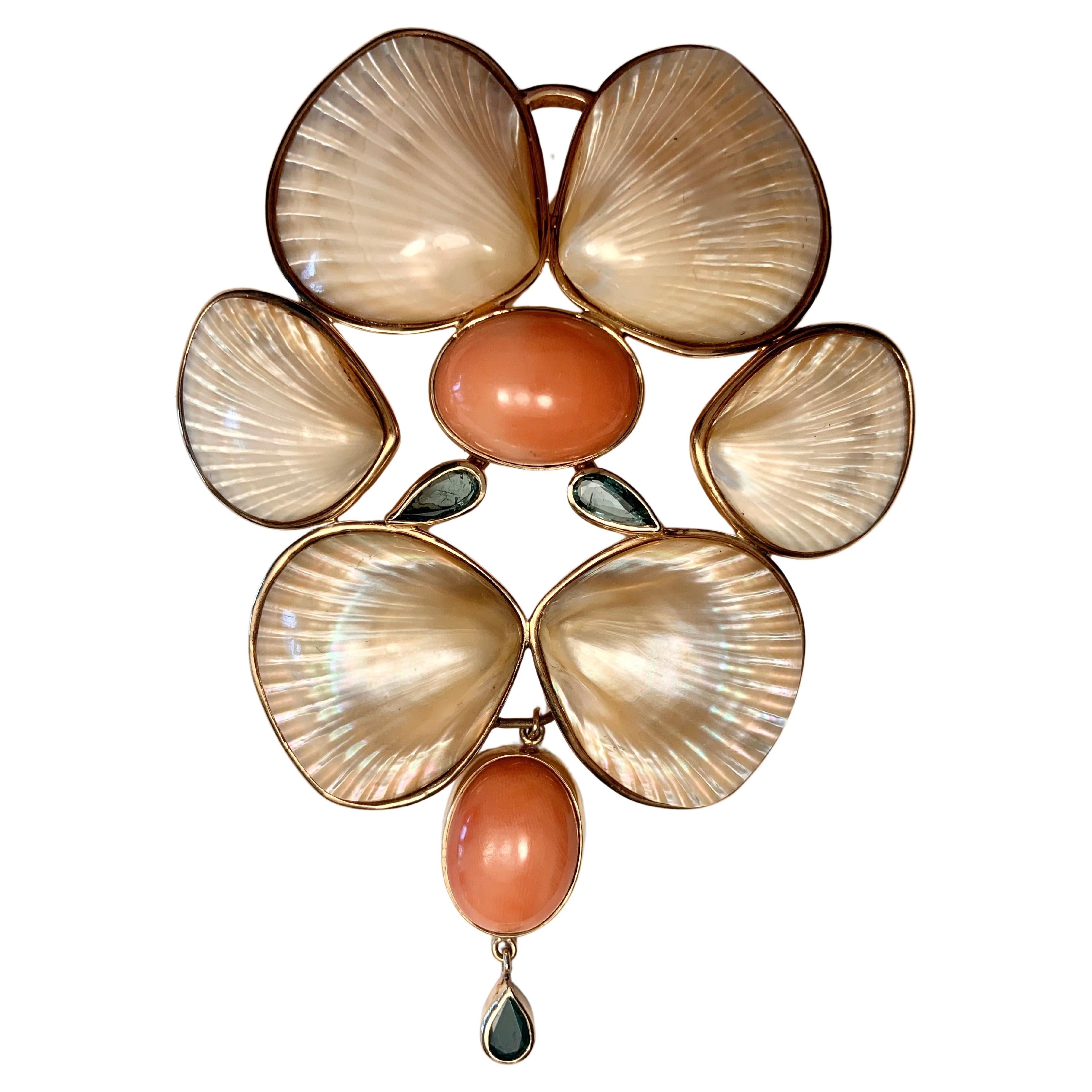 Marguerite Stix Sea Shell Brooch or Pendant Gold Coral and Emeralds  For Sale