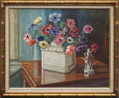 1940s Floral Still Life -- Anemones & Porcelain Statue