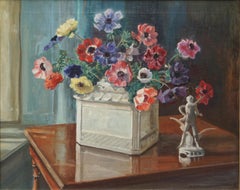 Cuadro de naturaleza muerta floral con anémonas, firmado, de alrededor de la década de 1940, enmarcado