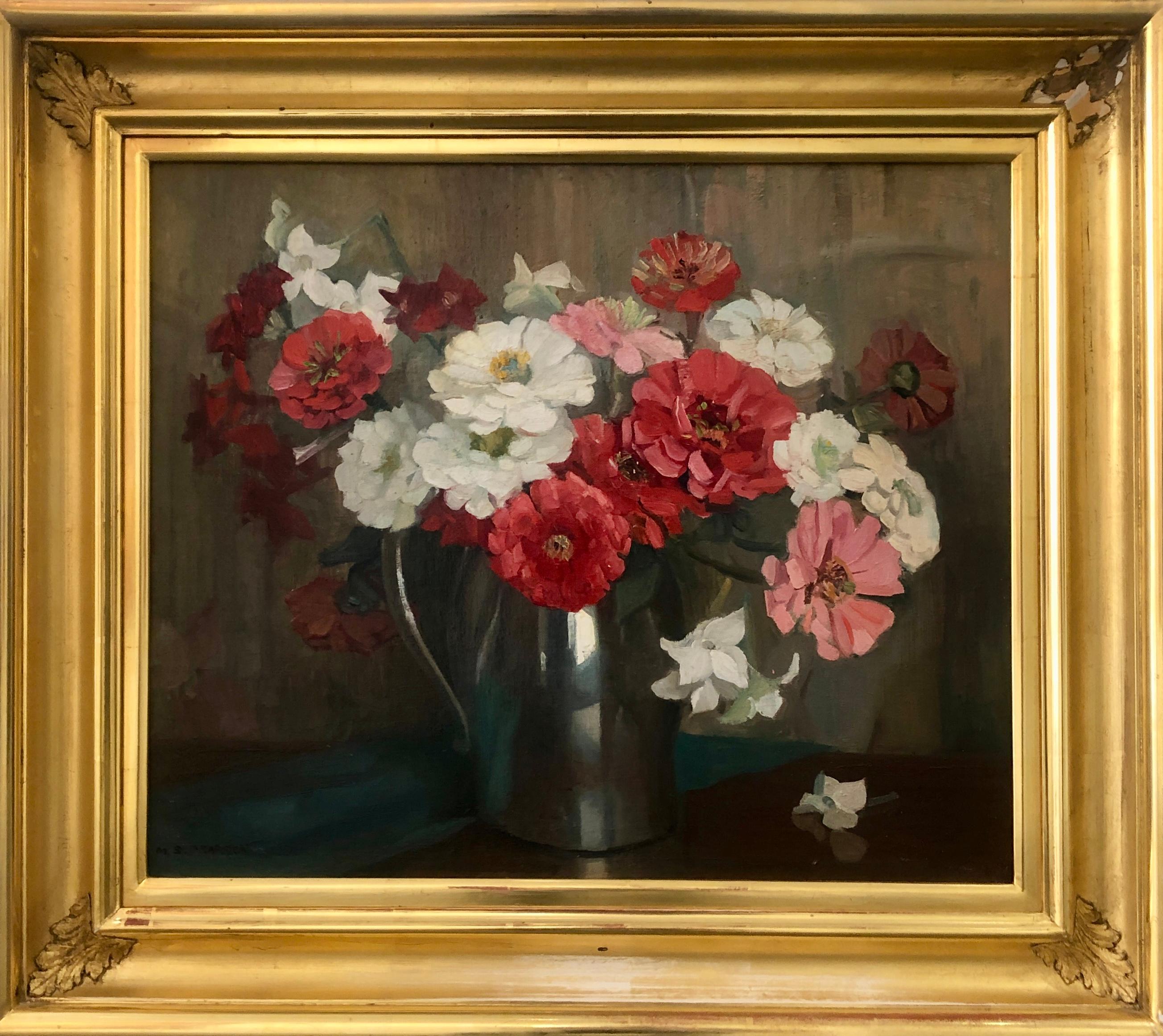 Nature morte aux zinnias - Painting de Marguerite Stuber Pearson
