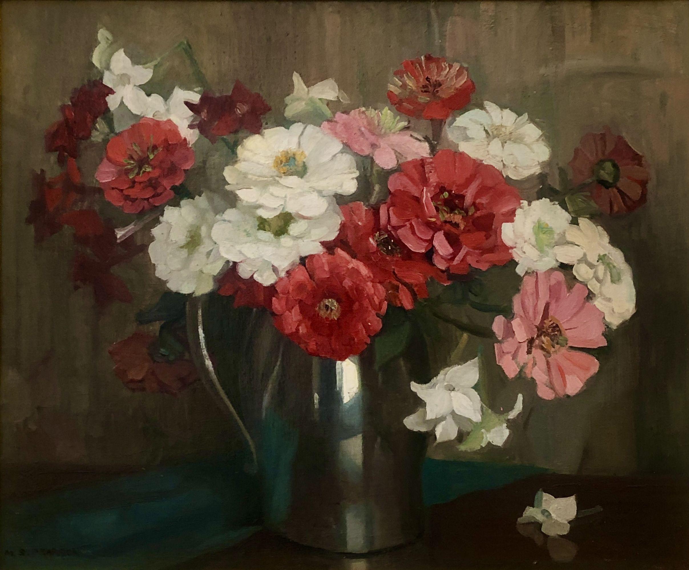 Still-Life Painting de Marguerite Stuber Pearson - Bodegón con zinnias