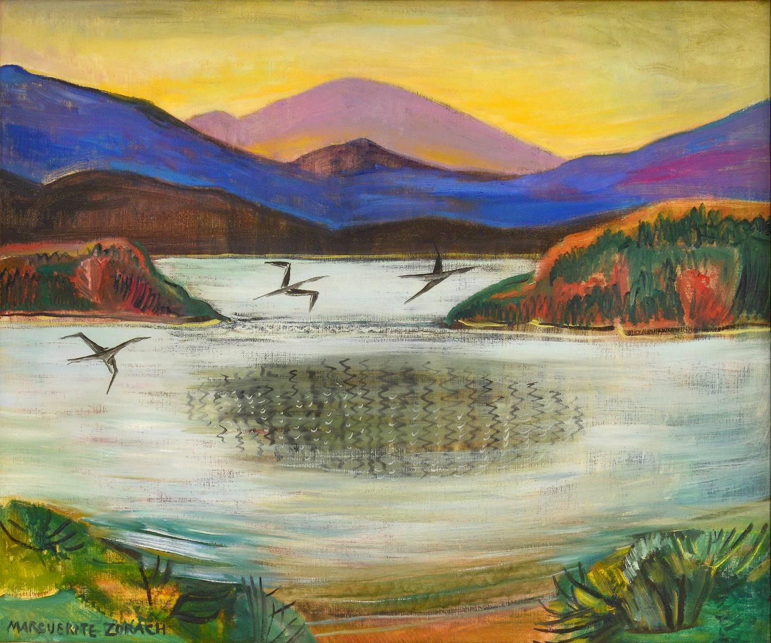 Marguerite Thompson Zorach Landscape Painting – Signs of Autumn  Birds fling in formation over scenic  ( Frederick Harer Frame) 