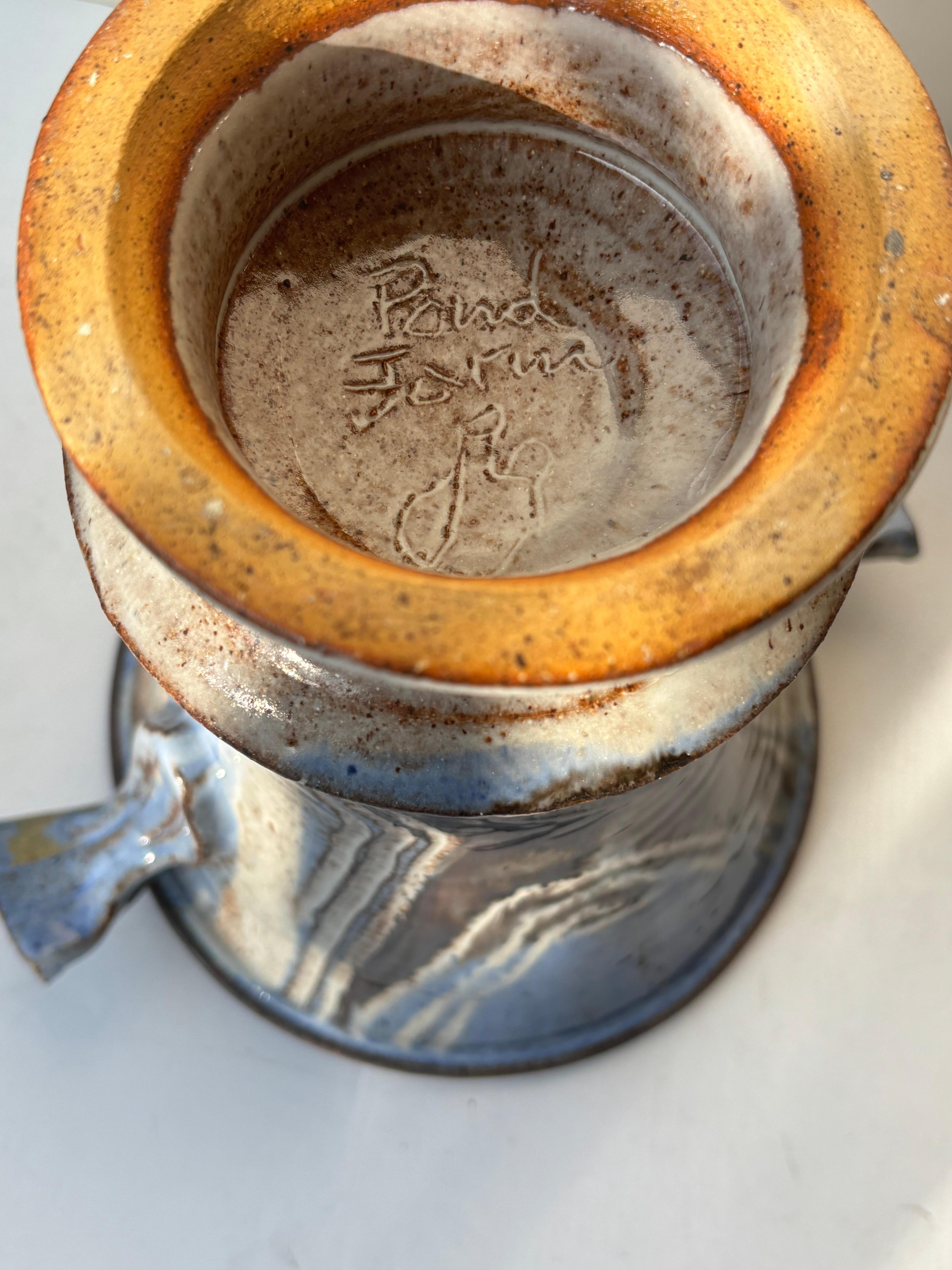 Beautiful master work for the German, Bauhaus artist ceramic/ pottery vase Marguerite Wildenhain .Signed Pond Farm plus her mark. Including handles measures 8.5 inches. alone diameter 6.7 inches.
