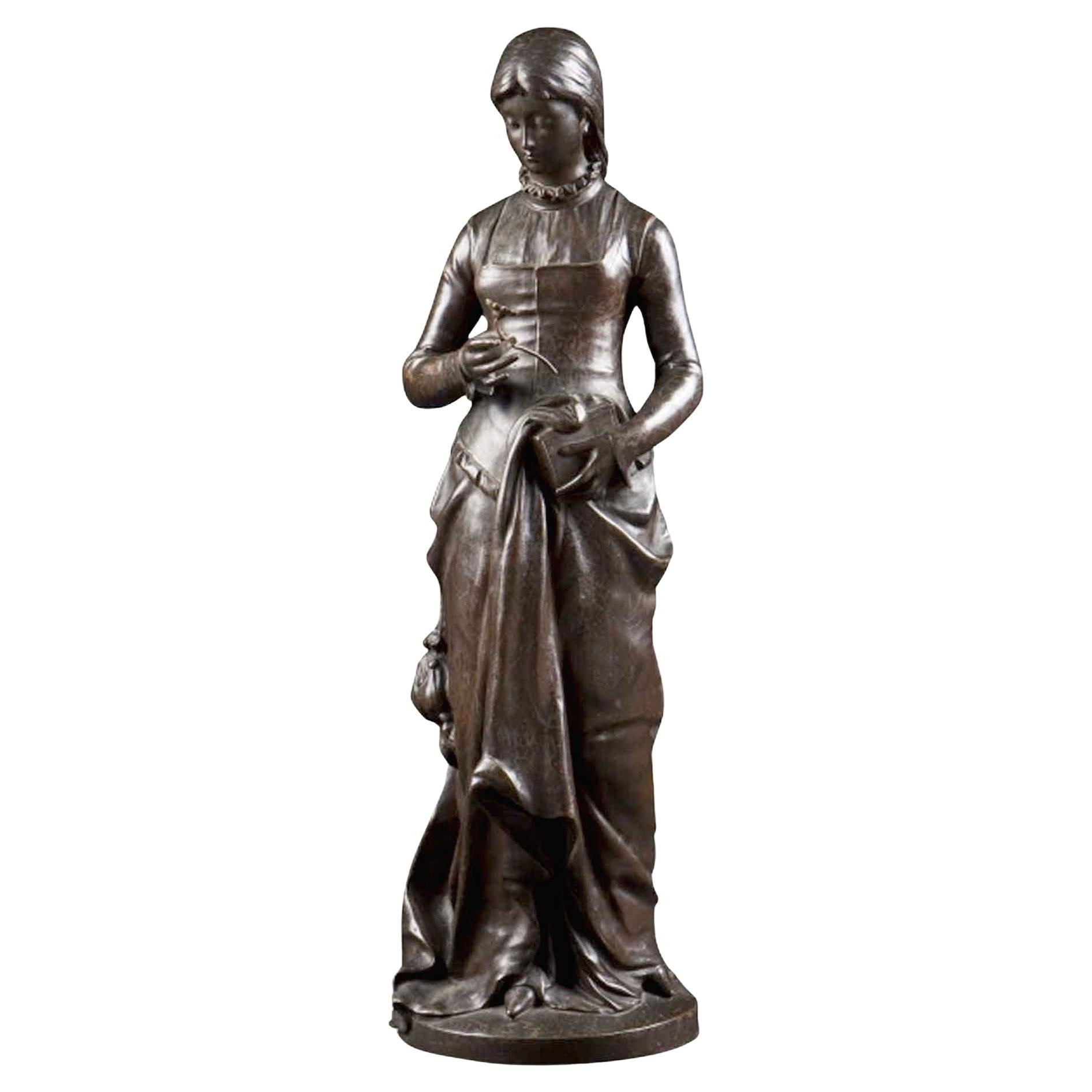 "Marguerite", Young Lady Bronze Sculpture By Gregoire