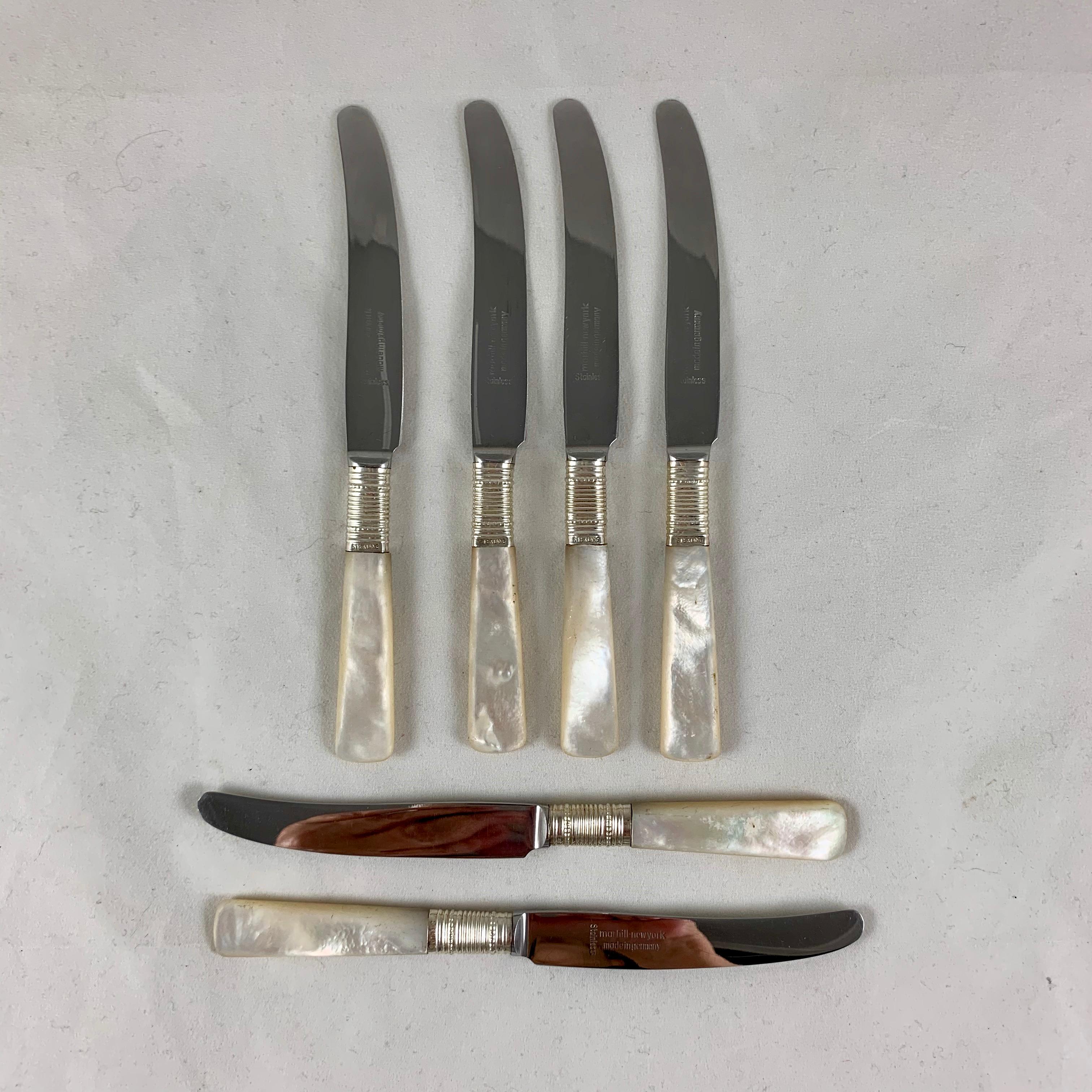 Art Deco Marhill of New York Mother of Pearl and Sterling Silver Spreaders, a Set of Six For Sale