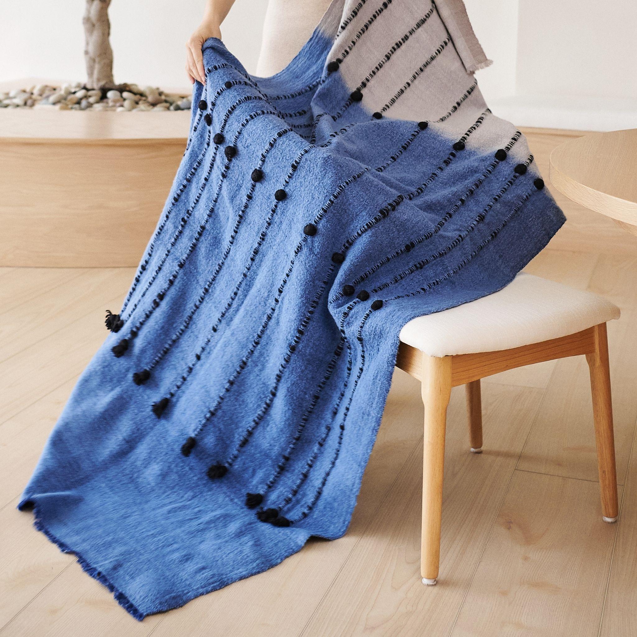 Mari Blue Gray Calming Hues Hand Woven Hand Knotted Textured Plush Merino Throw For Sale 2