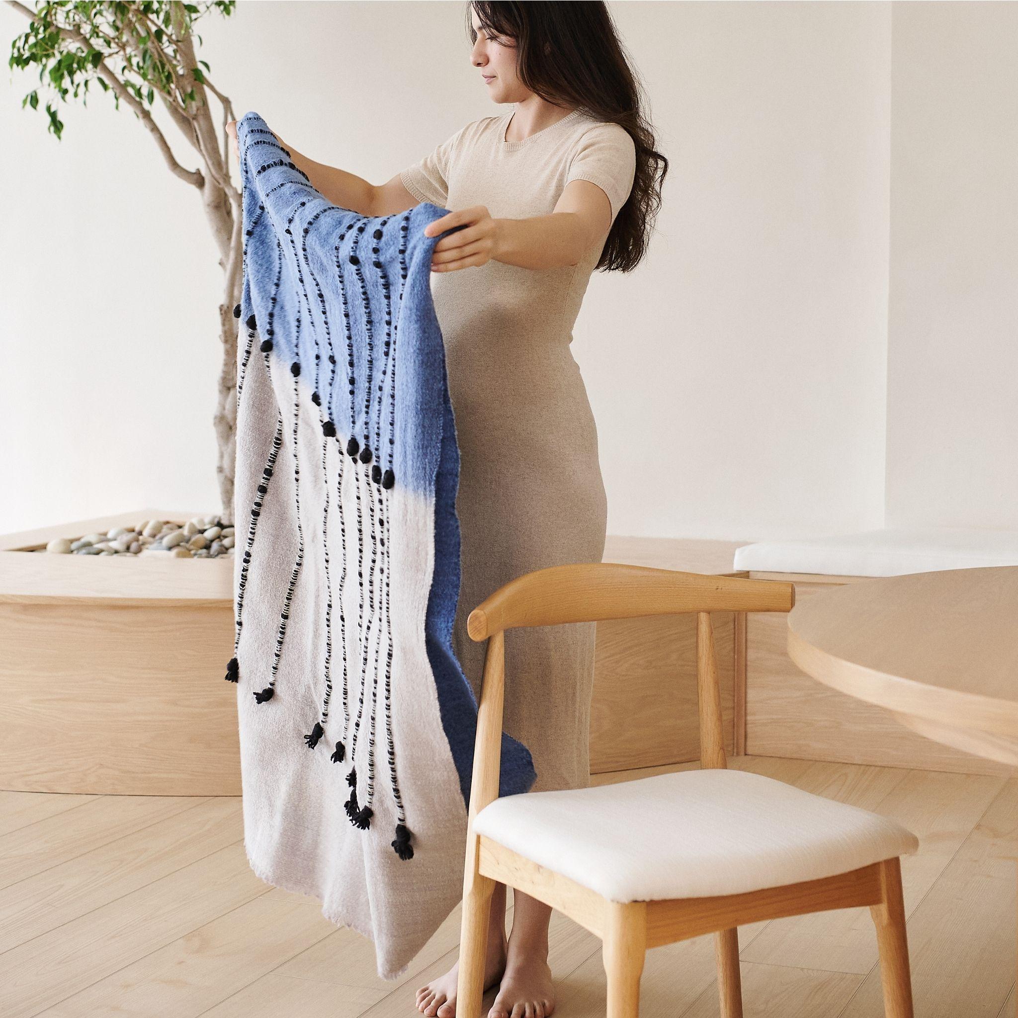 Mari Blue Gray Calming Hues Hand Woven Hand Knotted Textured Plush Merino Throw For Sale 3