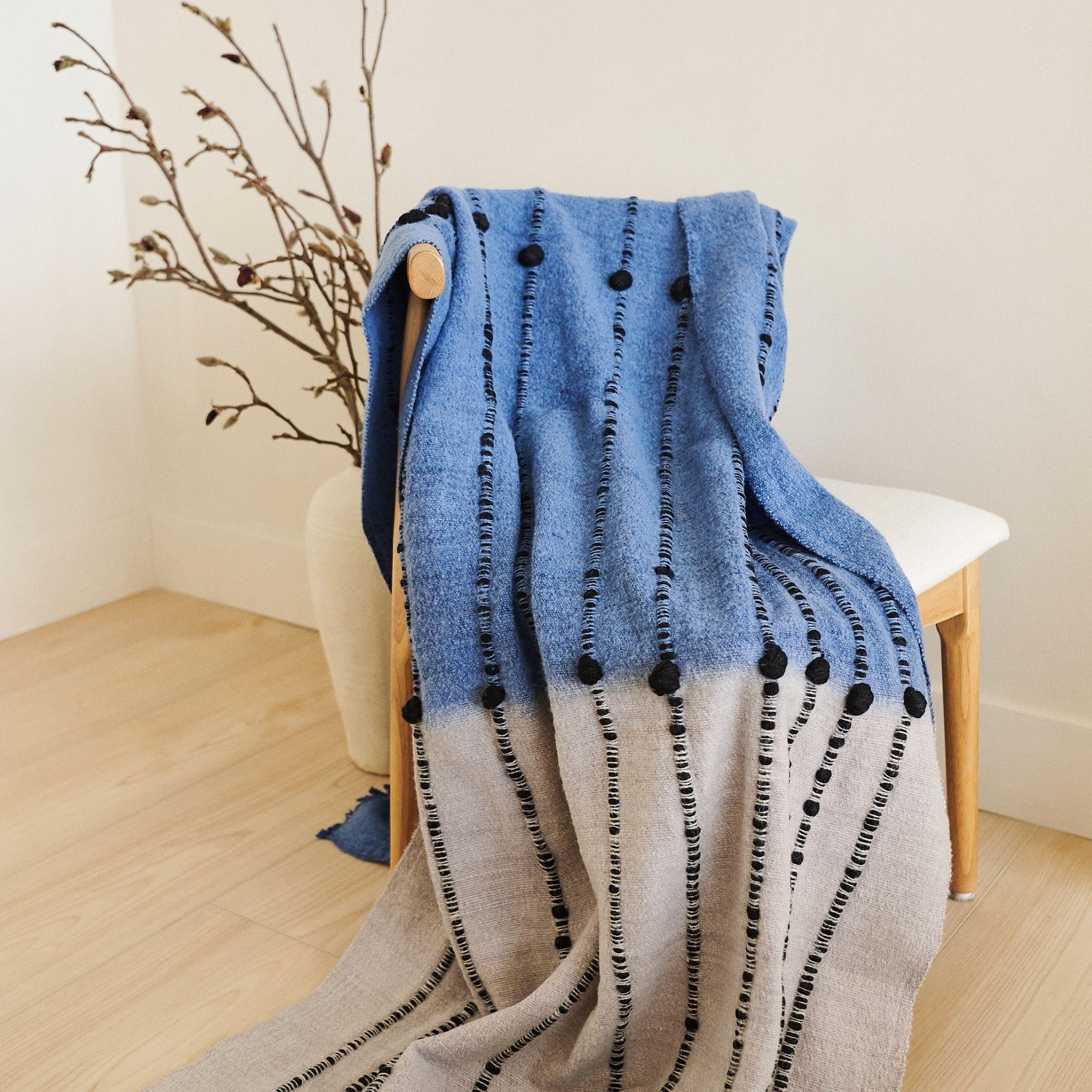 Modern Mari Blue Gray Calming Hues Hand Woven Hand Knotted Textured Plush Merino Throw For Sale