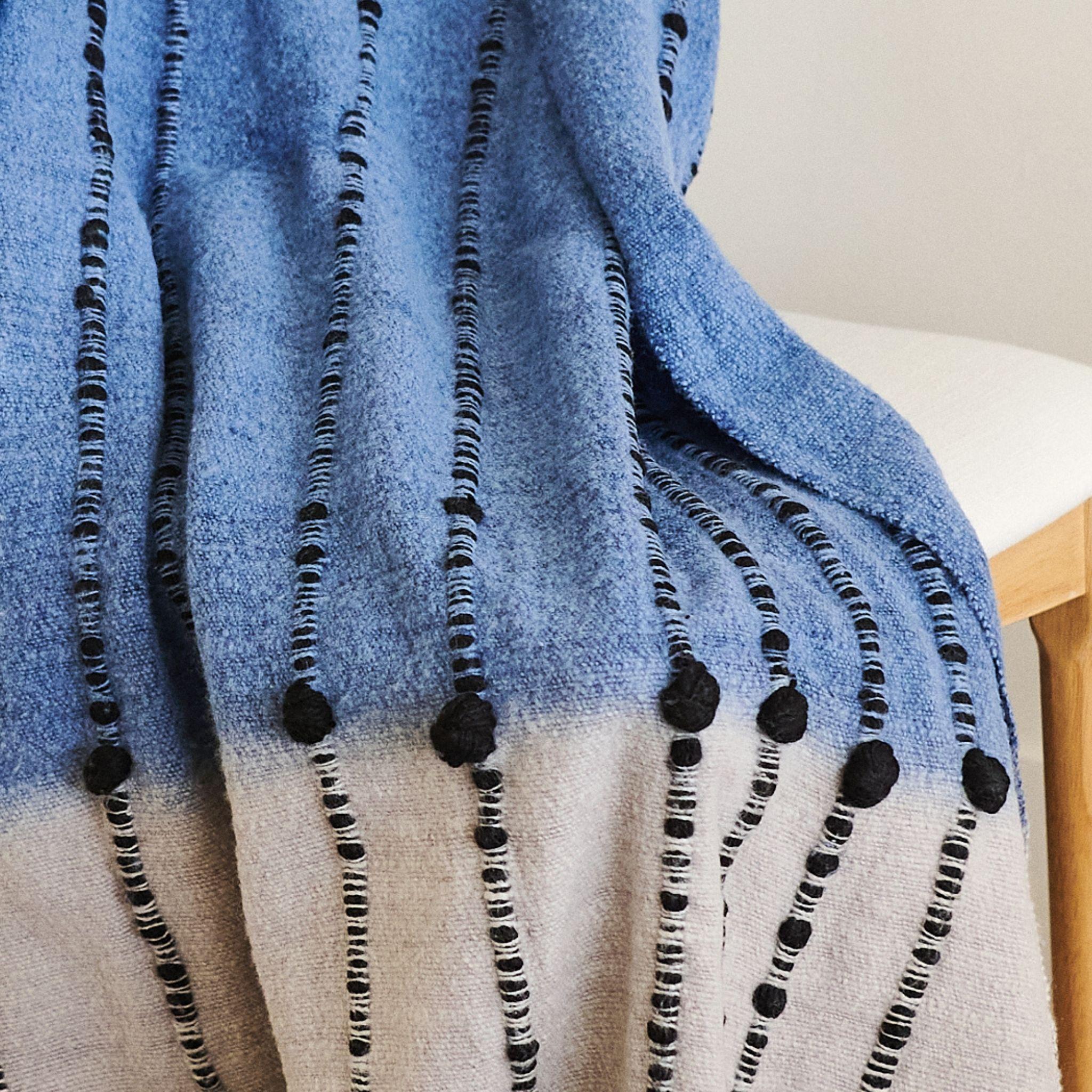 Nepalese Mari Blue Gray Calming Hues Hand Woven Hand Knotted Textured Plush Merino Throw For Sale
