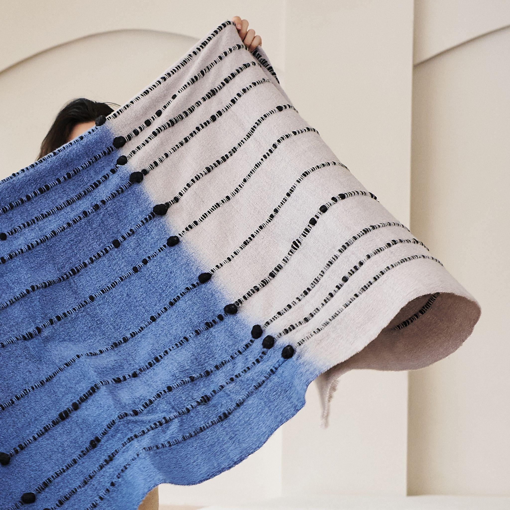 Contemporary Mari Blue Gray Calming Hues Hand Woven Hand Knotted Textured Plush Merino Throw For Sale