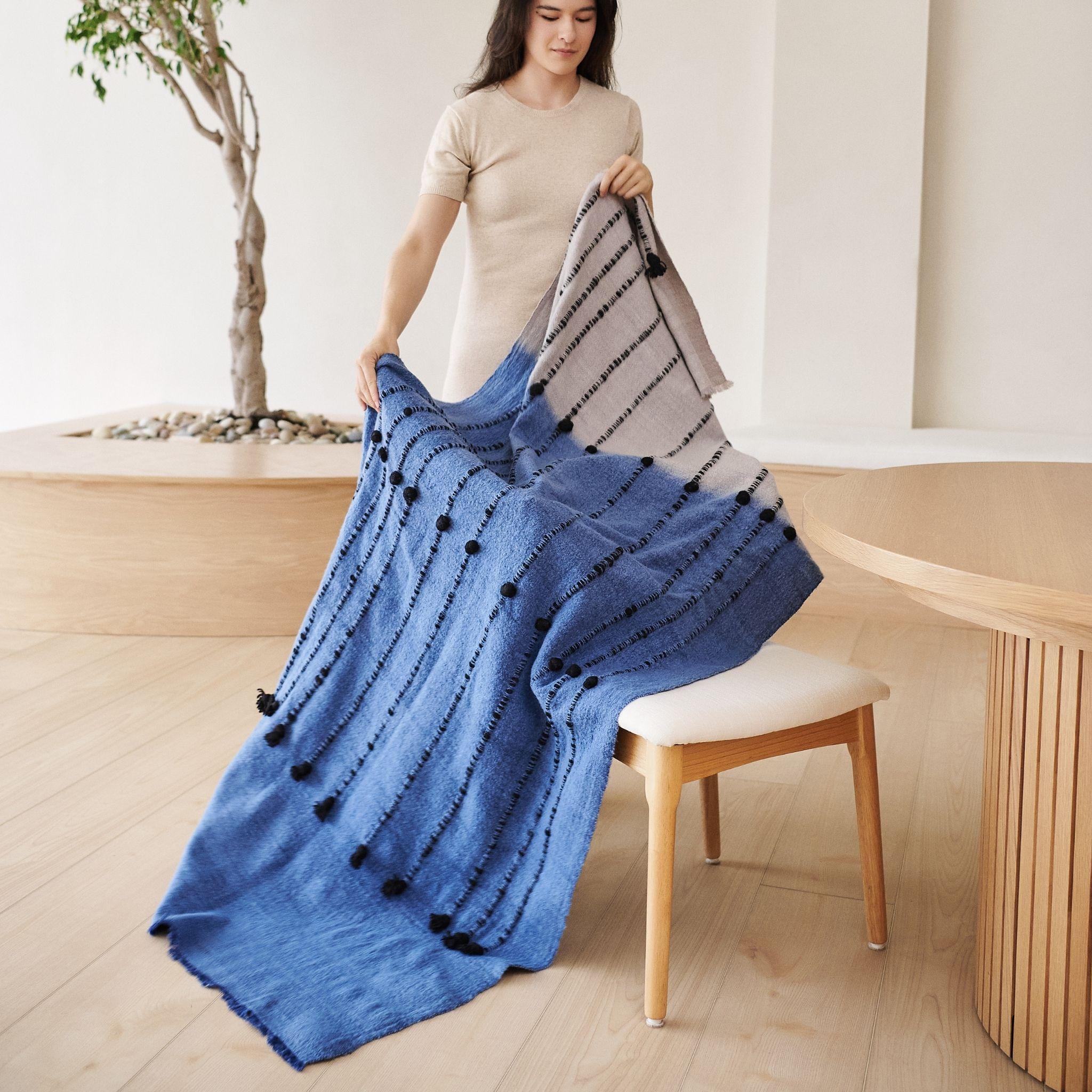 Yarn Mari Blue Gray Calming Hues Hand Woven Hand Knotted Textured Plush Merino Throw For Sale