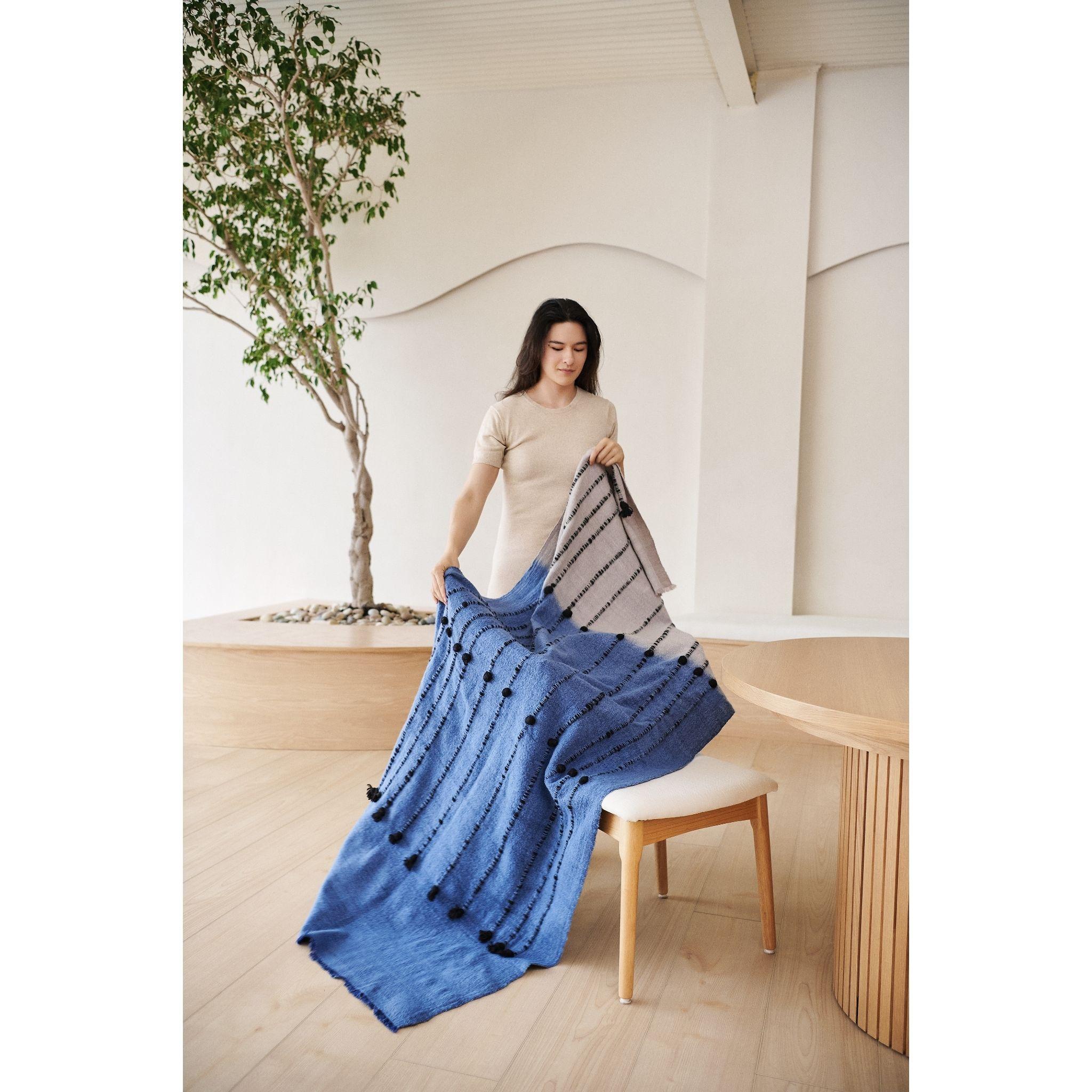 Mari Blue Gray Calming Hues Hand Woven Hand Knotted Textured Plush Merino Throw For Sale 1