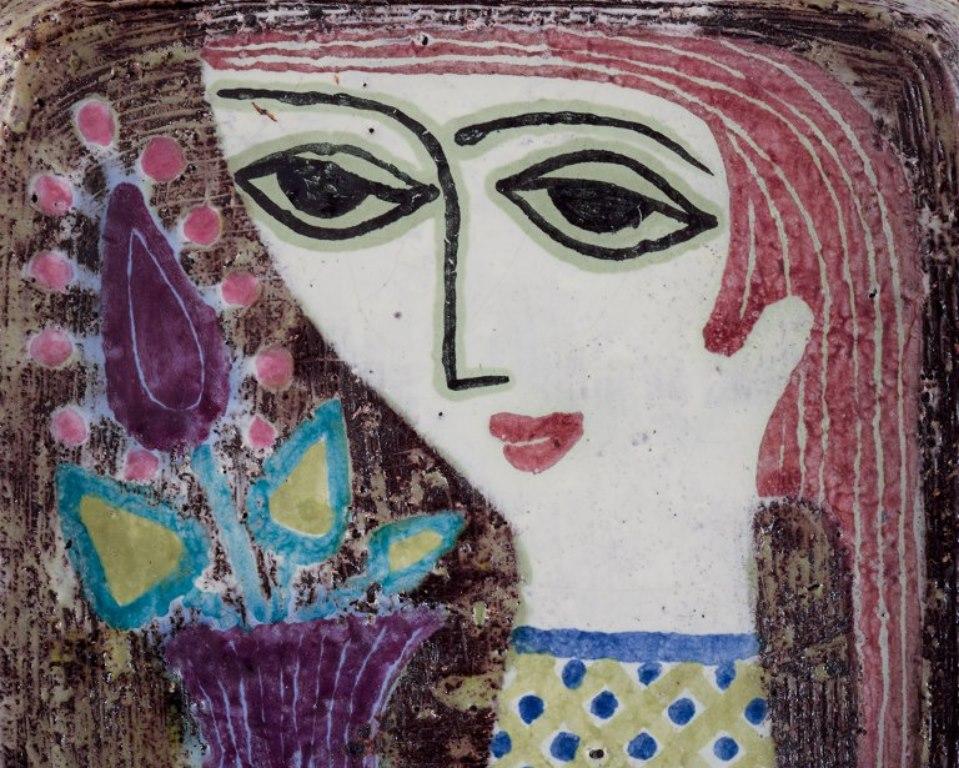 Swedish Mari Simmulson for Upsala Ekeby. Ceramic dish with a woman face and flowers For Sale