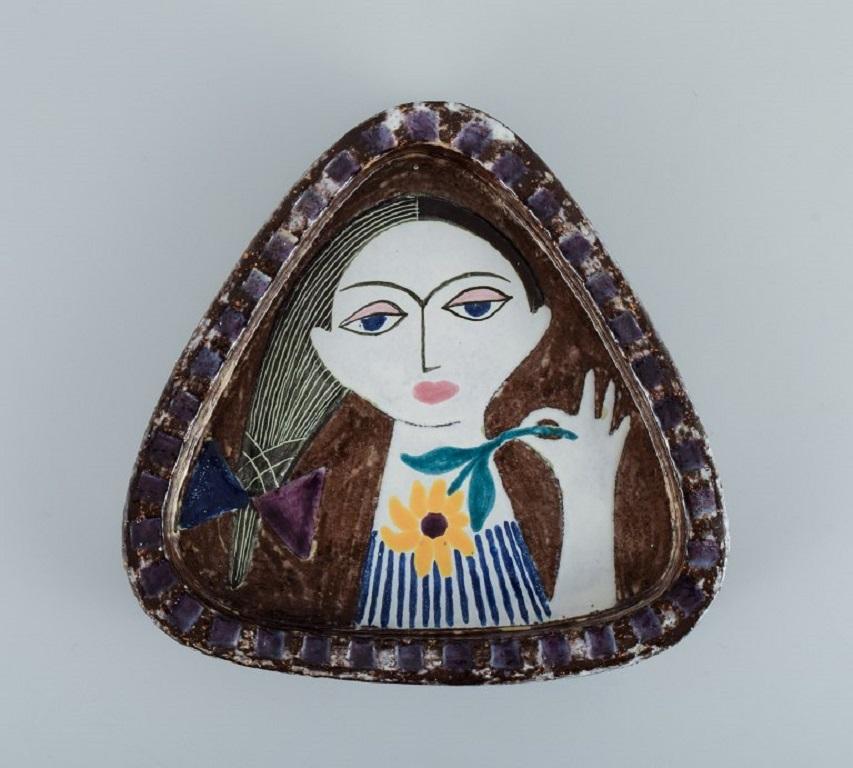 Scandinavian Modern Mari Simmulson for Upsala Ekeby, ceramic dish with a woman's face. For Sale