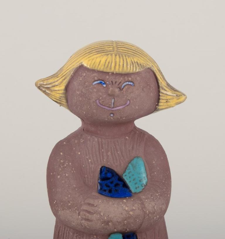 Glazed Mari Simmulson for Upsala Ekeby. Ceramic figurine of a girl with two cats For Sale