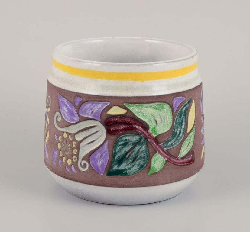 Scandinavian Modern Mari Simmulson for Upsala Ekeby. Ceramic herb pot with polychrome glaze. For Sale