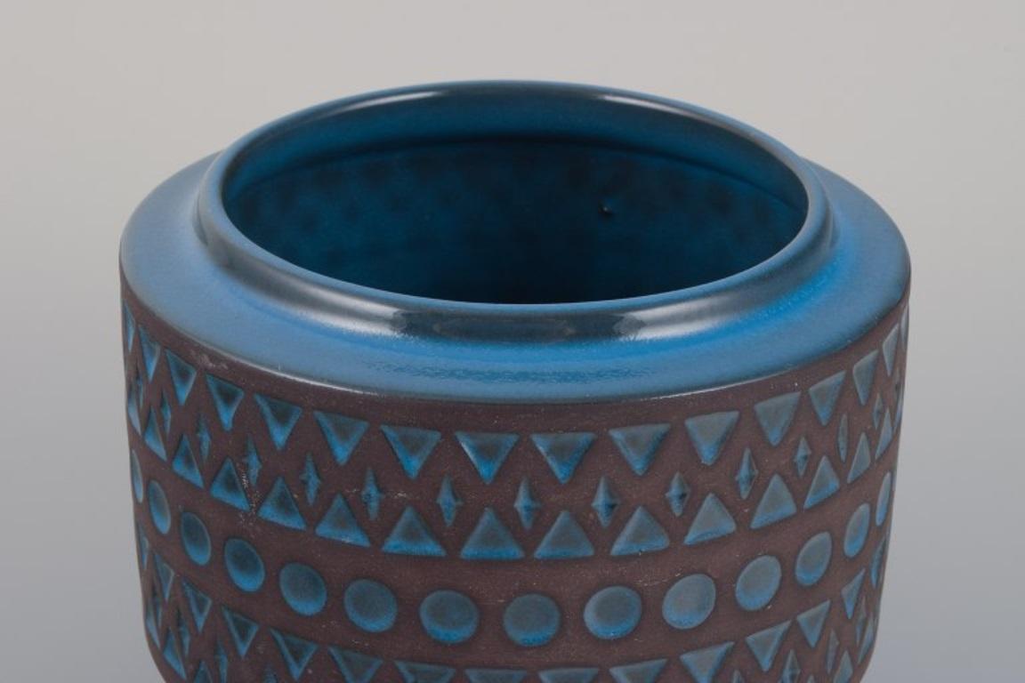 Glazed Mari Simmulson for Upsala Ekeby. Ceramic pot with a geometric pattern. For Sale