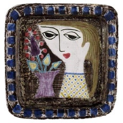 Mari Simmulson for Upsala-Ekeby, Dish in Glazed Stoneware with Portrait of Woman