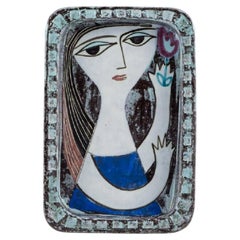 Vintage Mari Simmulson for Upsala-Ekeby, Dish in Glazed Stoneware with Portrait of Woman