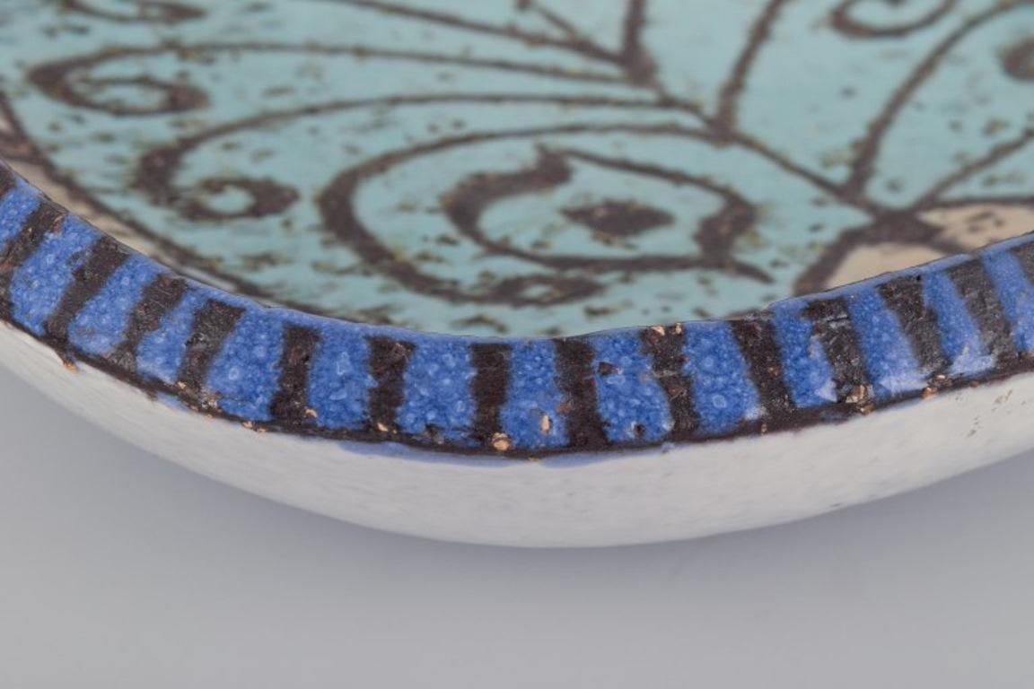 Glazed Mari Simmulson for Upsala Ekeby. Large ceramic bowl with a fish motif For Sale