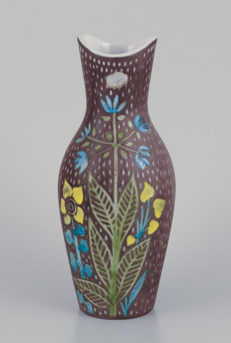 Glazed Mari Simmulson for Upsala Ekeby. Pair of ceramic vases. Floral motifs For Sale