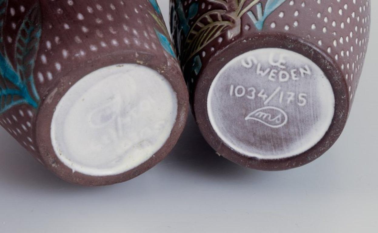 Mid-20th Century Mari Simmulson for Upsala Ekeby. Pair of ceramic vases. Floral motifs For Sale