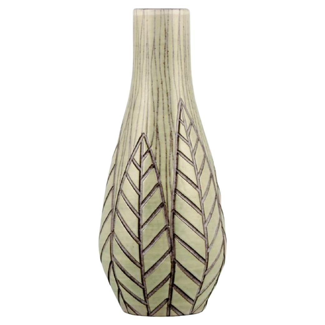 Mari Simmulson for Upsala Ekeby, "Rhodes" Ceramic Vase with Leaves in Relief For Sale