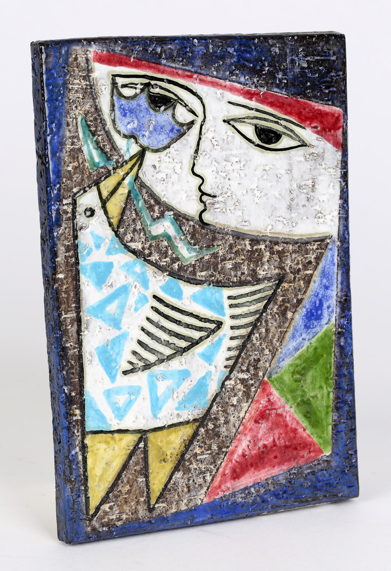 Suédois Mari Simmulson Upsala-Ekeby carreaux de poterie peints abstraits représentant une fille et un oiseau en vente