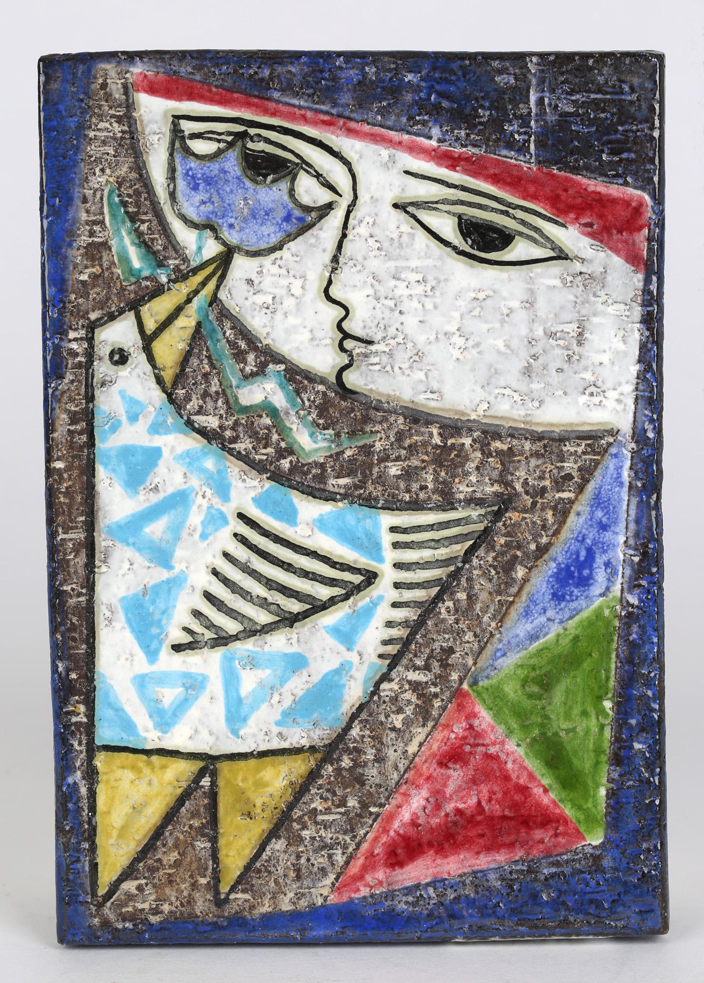 Stoneware Mari Simmulson Upsala-Ekeby Abstract Painted Girl and Bird Pottery Tile For Sale