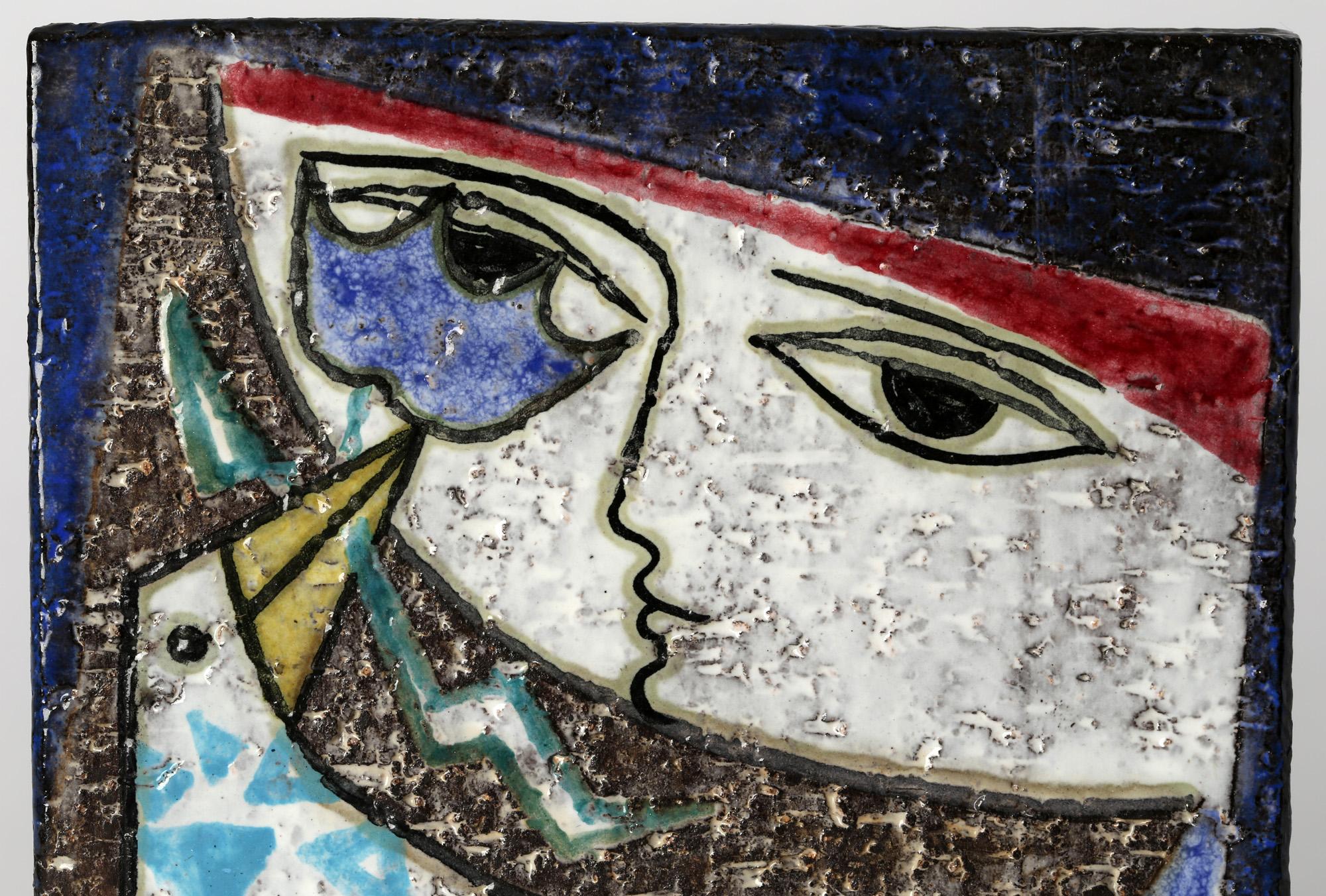 Mari Simmulson Upsala-Ekeby Abstract Painted Girl and Bird Pottery Tile For Sale 1