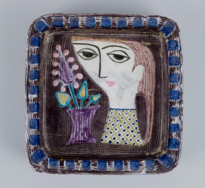 Swedish Mari Simmulson, Upsala Ekeby. Ceramic bowl. Motif of woman's face and flower.