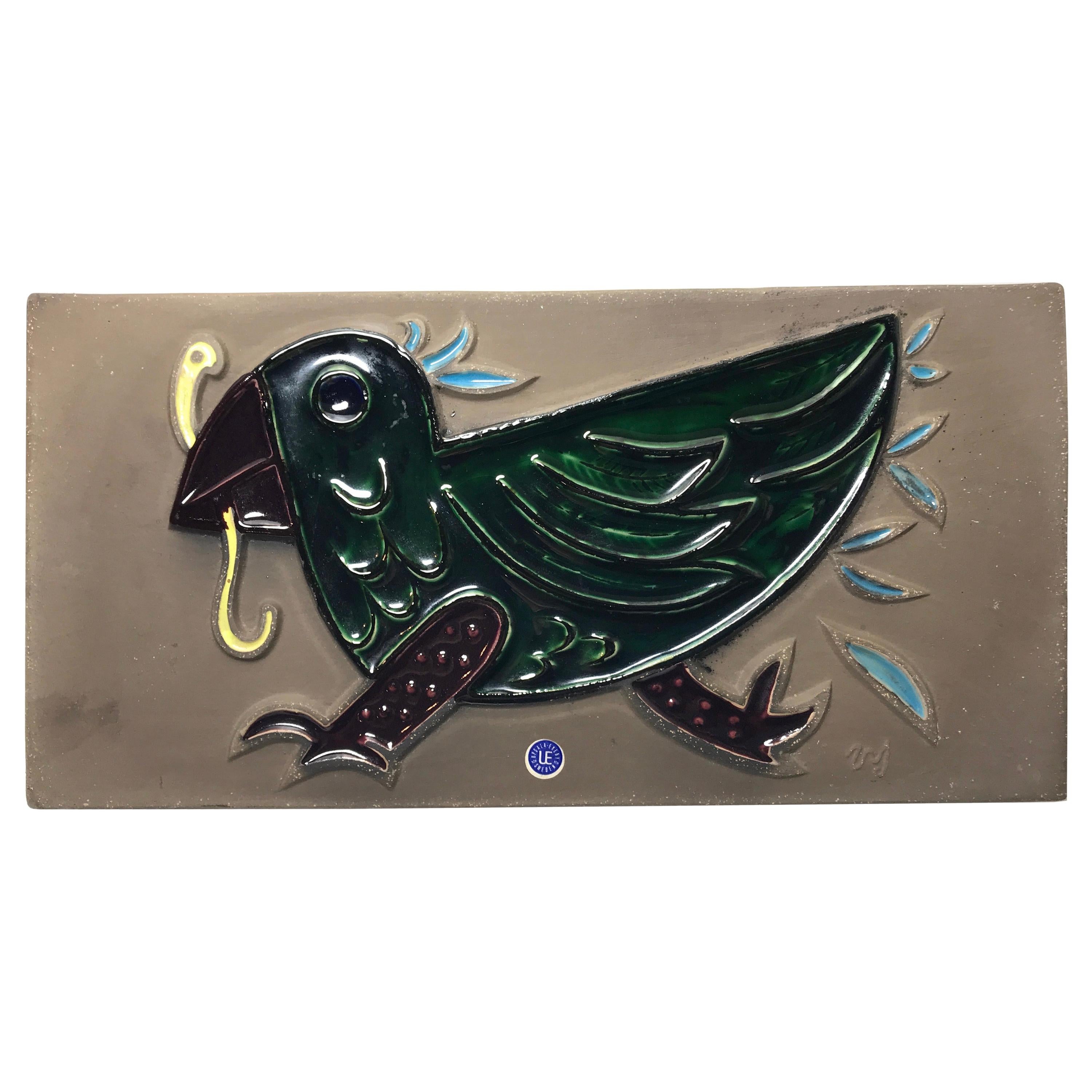 Mari Simmulson Upsala Ekeby, Large Enamel Glaze Ceramic Early Bird Plaque, 1950s For Sale
