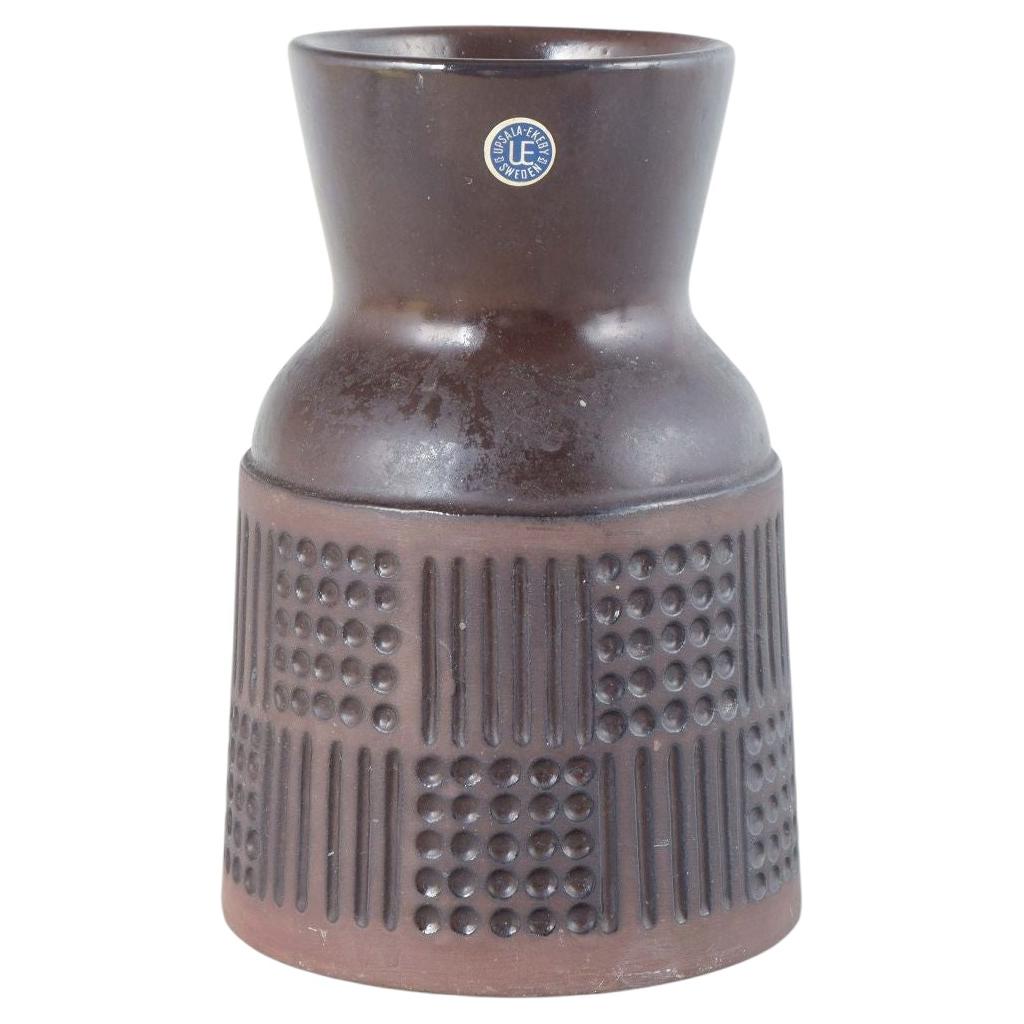 Mari Simmulson, Upsala-Ekeby. Stoneware vase with geometric relief pattern. For Sale