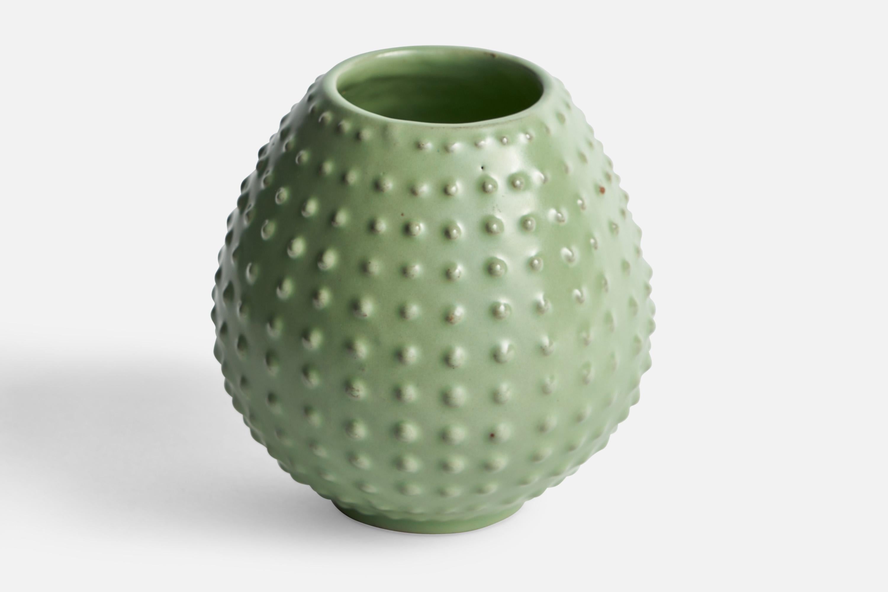 A green-glazed earthenware vase designed by Mari Simmulson in 1951 and produced by Upsala Ekeby, Sweden, 1950s.