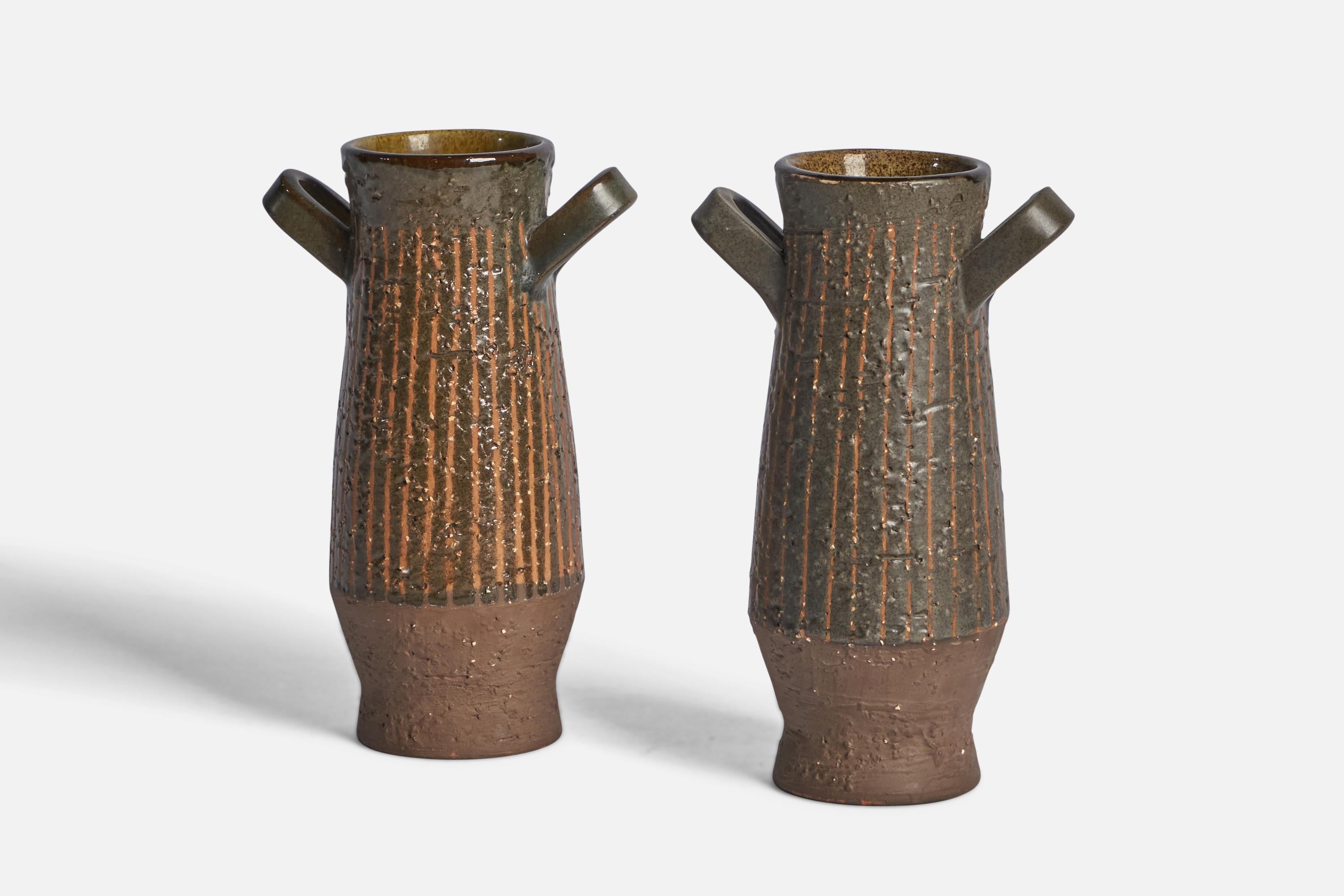 A pair of brown and black-glazed earthenware vases designed by Mari Simmulson and produced by Upsala Ekeby, Sweden, c. 1950s.