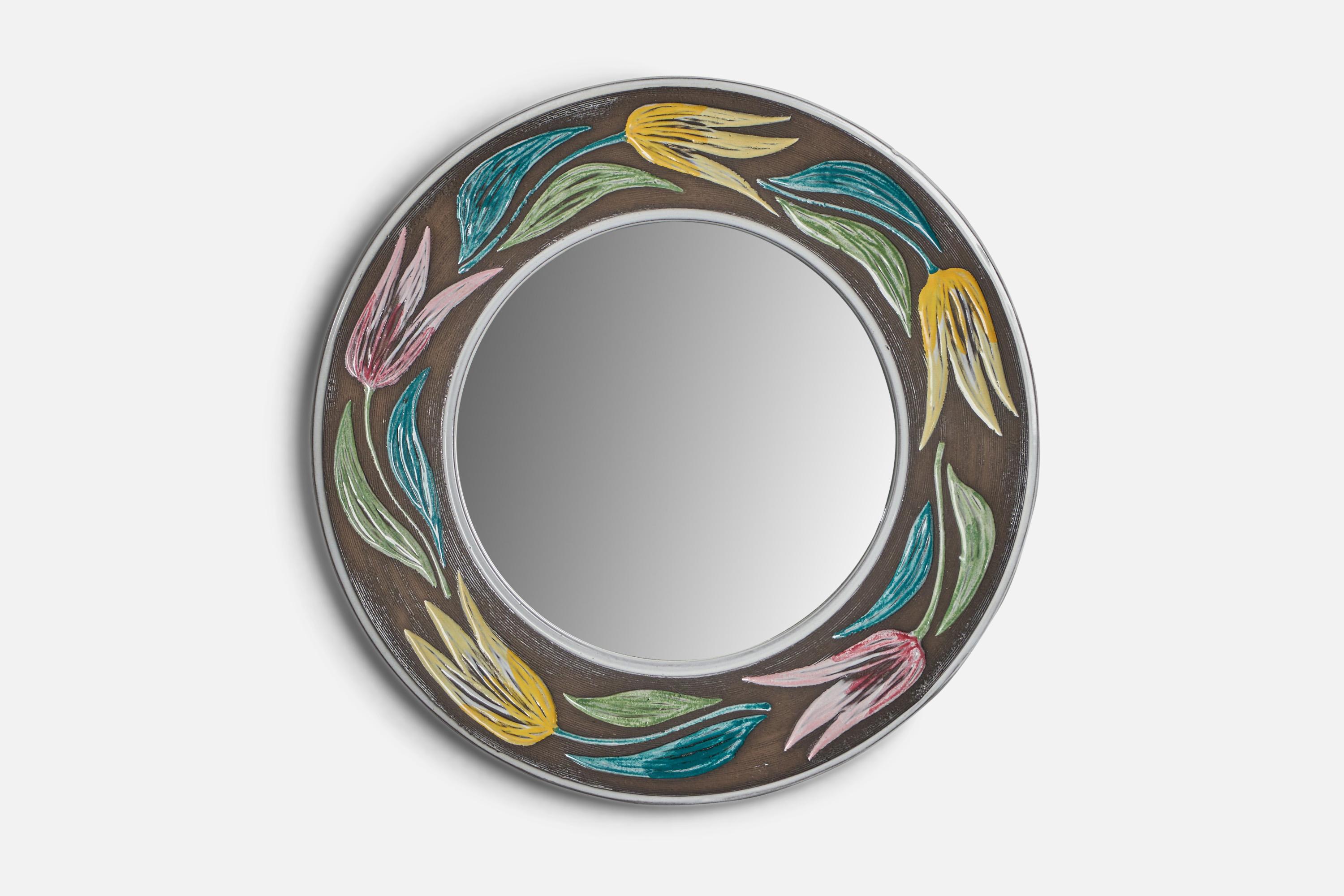 A blue green pink yellow and grey painted ceramic mirror designed by Mari Simmulson and produced by Turitz & Co, Sweden, c. 1960s.