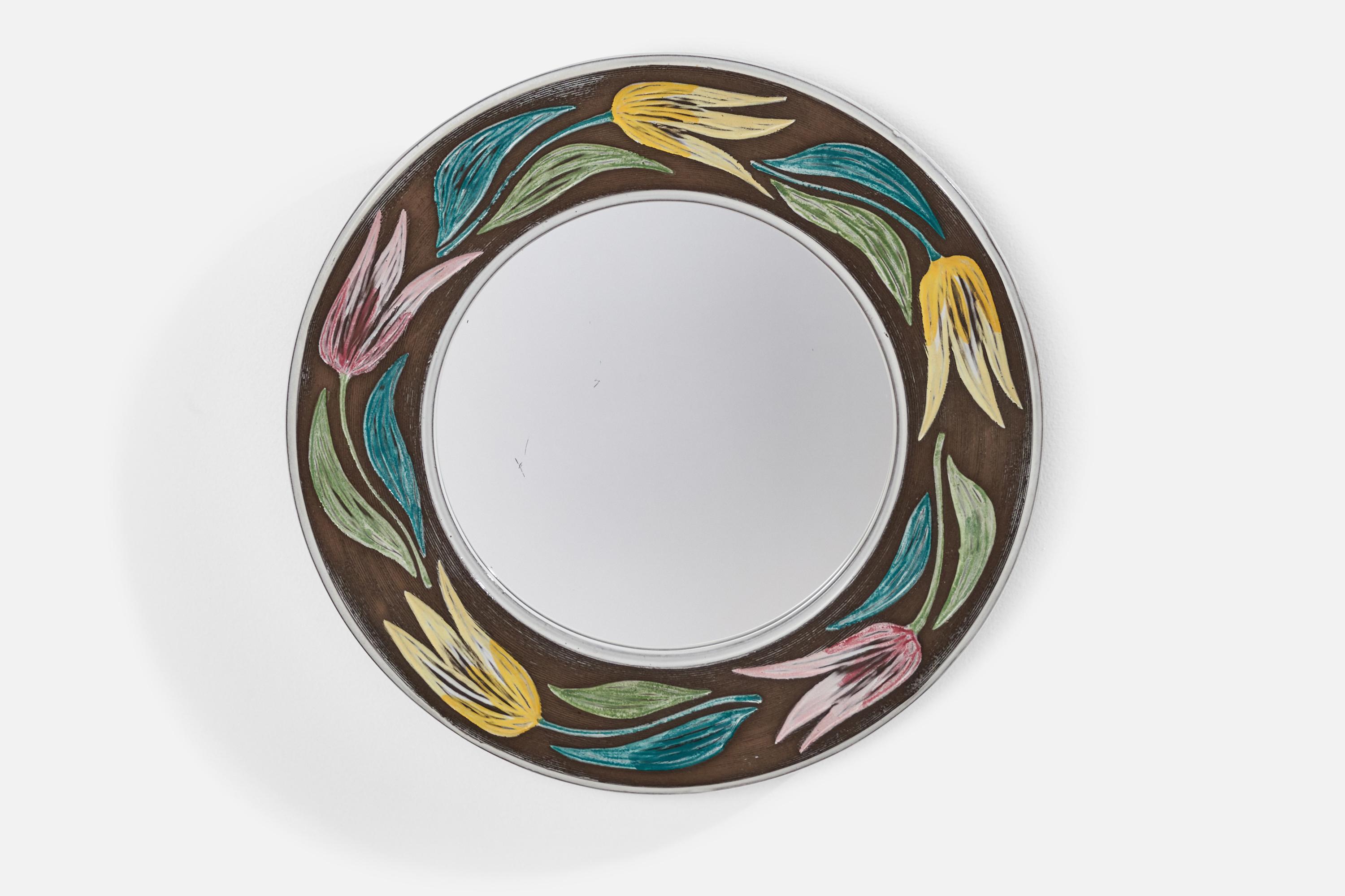 A blue green pink yellow and grey painted ceramic mirror designed by Mari Simmulson and produced by Turitz & Co, Sweden, c. 1960s.