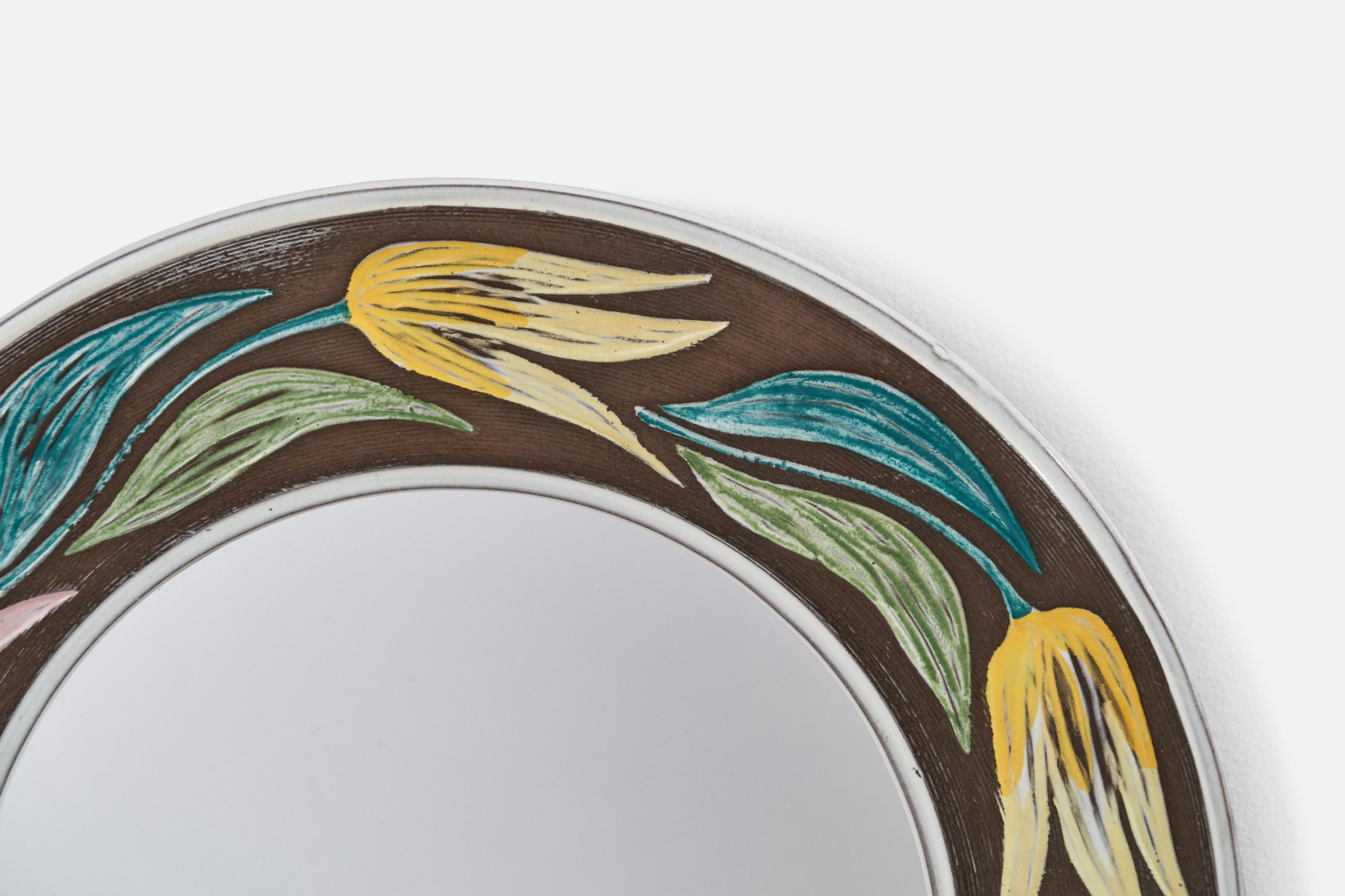 Mari Simmulson, Wall Mirror, Painted Ceramic, Sweden, 1960s In Good Condition For Sale In High Point, NC