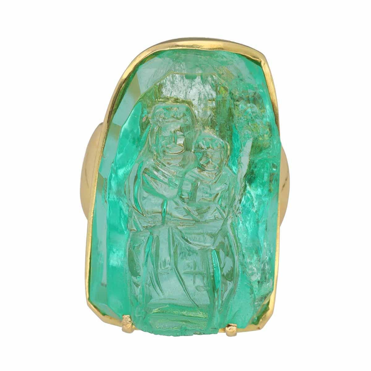 ■Item Number: 23701206
■Brand: -
■Product Name: Maria and the infant Jesus Carved Emerald ring
■Material: 1P Colombian Emerald (71.61ct), 750 K18 Yellow Gold
■Weight: Approximately 39.4g
■Ring Size: Approximately EU：54  / US：6.75
■Width: