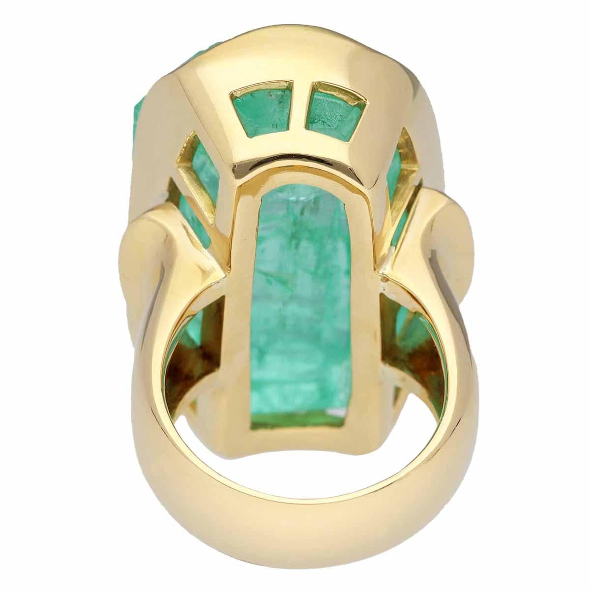 Rough Cut Maria And The Infant Jesus Carved Emerald 71.61ct 18K Yellow Gold Ring US 6.75 For Sale