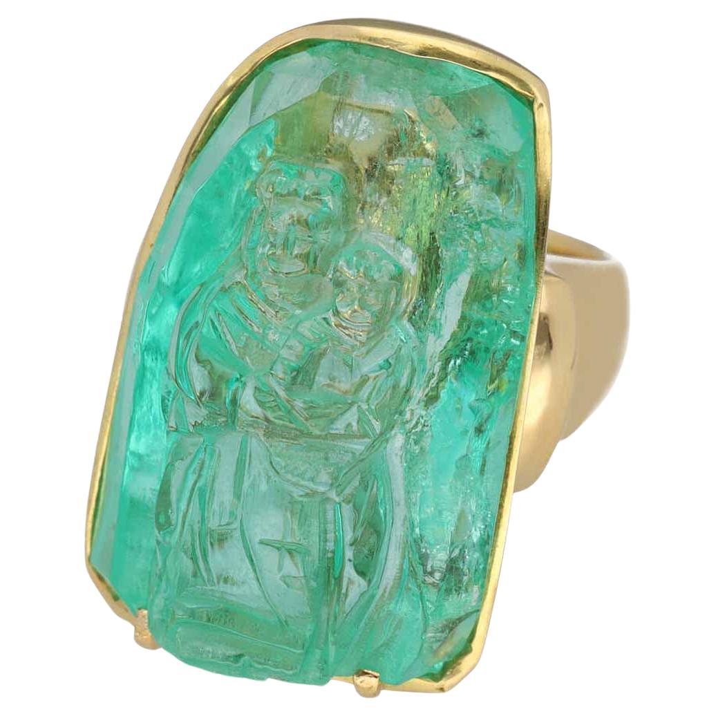 Maria And The Infant Jesus Carved Emerald 71.61ct 18K Yellow Gold Ring US 6.75 For Sale