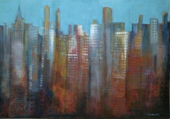 Raventos Azul Grande  Edificios pintura abstracta original en técnica mixta