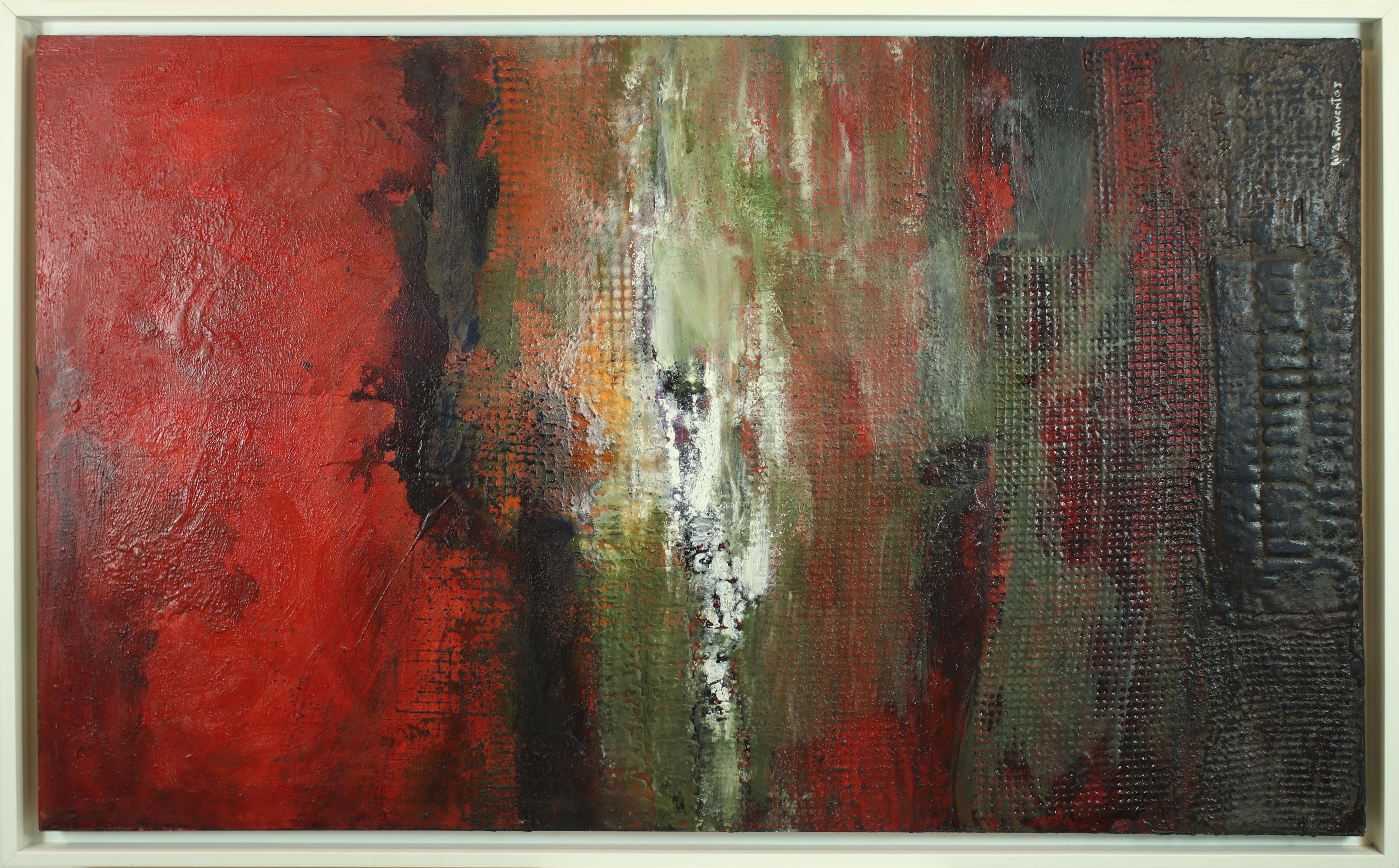 Raventos  38 Red Vertical  agua fuego y sol” original  mixed media painting - Abstract Painting by Maria Asuncion Raventos