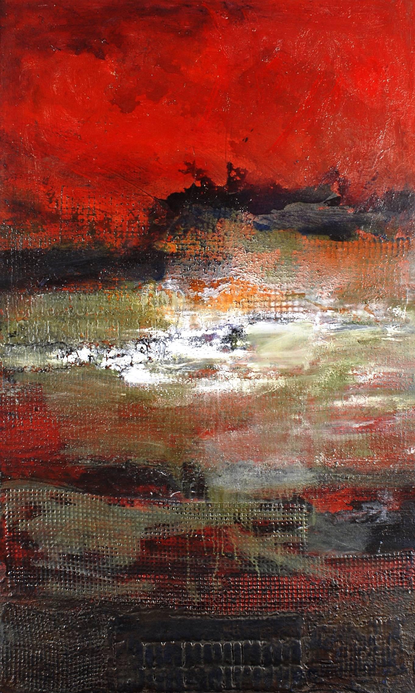 Maria Asuncion Raventos Abstract Painting - Raventos  38 Red Vertical  agua fuego y sol” original  mixed media painting