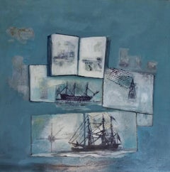 Vintage Raventos  Blue   Boat  original expressionist acrylic painting